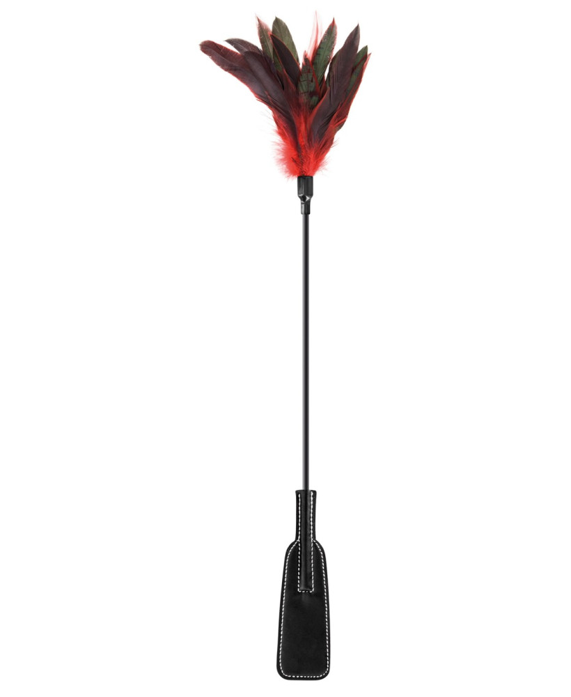 Cravache noire bdsm avec plumes noires rouges 